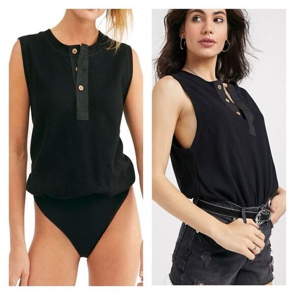 NWT Free People Womens Peek Aye Textured Henley Sleeveless Bodysuit Black Medium - Picture 1 of 4